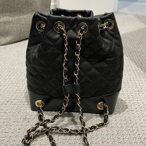 Quilted Black Backpack with Gold chain